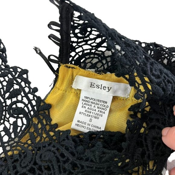 Esley women's dress S yellow black rose print lace high neck flowy ruffles - Picture 2 of 6